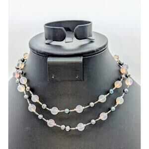Vintage Opaque Glass & Pearl Bead Double Strand Hook Clasp 15" Necklace